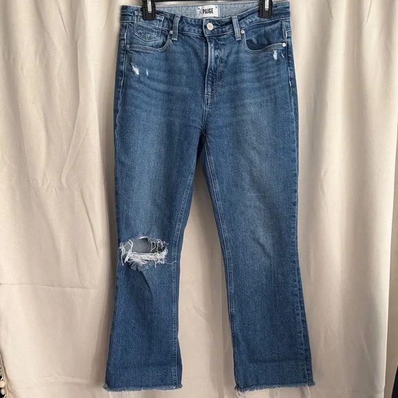 PAIGE Colette Crop Flare Jeans Blaine Destructed Medium Wash Distress 28 - Picture 2 of 6